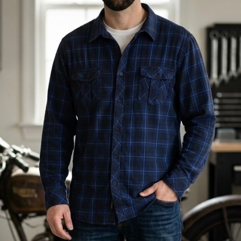 Helix‎ Mens XXL Blue Black Plaid Flannel Button Down Western Shirt 100% Cotton